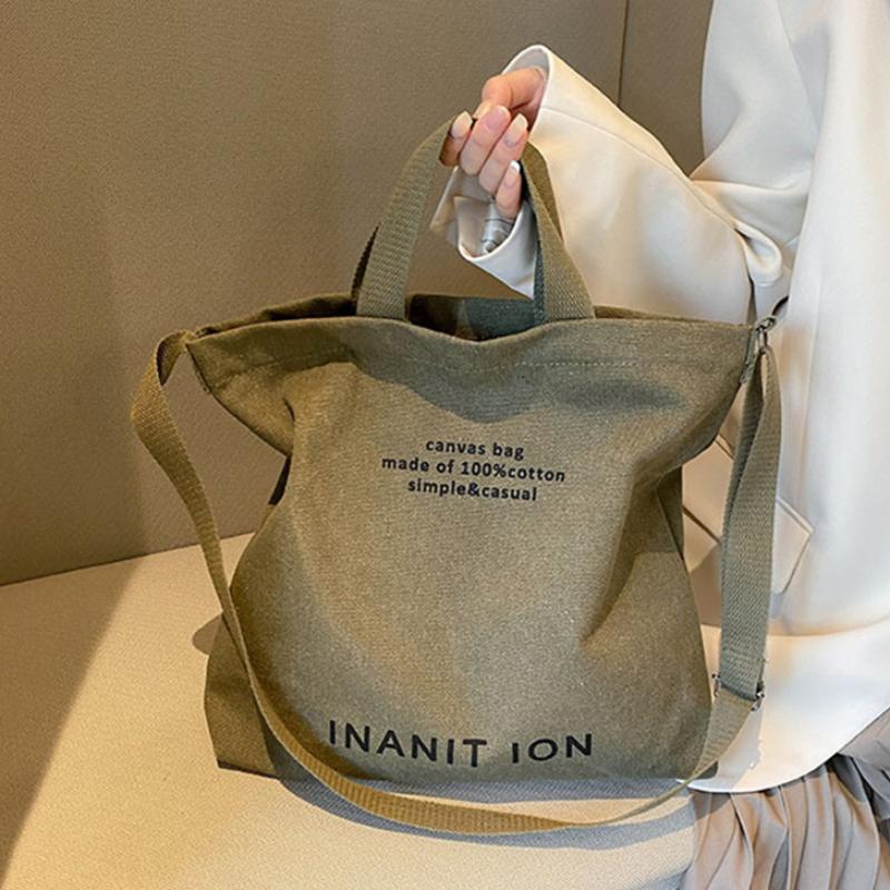 Thickened Washed Canvas Tote Bag Large Capacity Crossbody Shoulder Bag Minimalist Letter Print Design Commuter Zipper Handbag