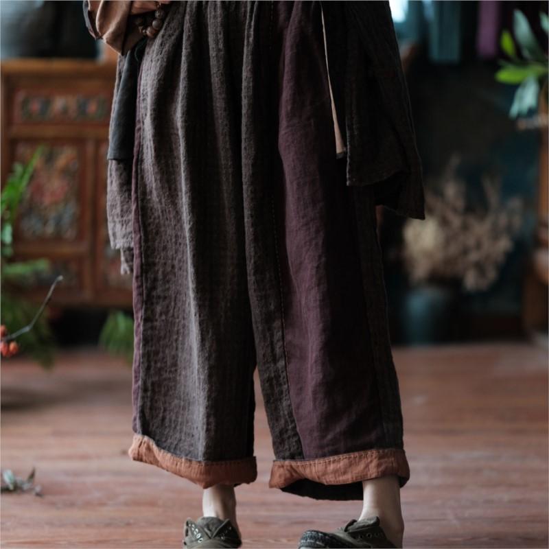 Johnature Women Vintage Patchwork Color Wide Leg Pants Elastic Waist Pockets Trousers Autumn Loose Pants