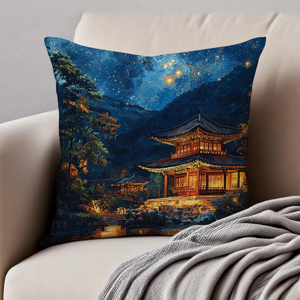 Historic Korean Landmark FFoguo Temple Cushion Cover Pillowcase Antidustmite Invisible Zipper Short Plush Sofa Cushion