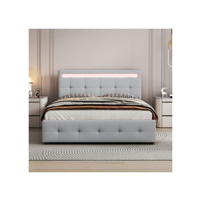 Bed - MUVOE - 140 X 200 Cm - Padded with LED - 4 Drawers - Grey