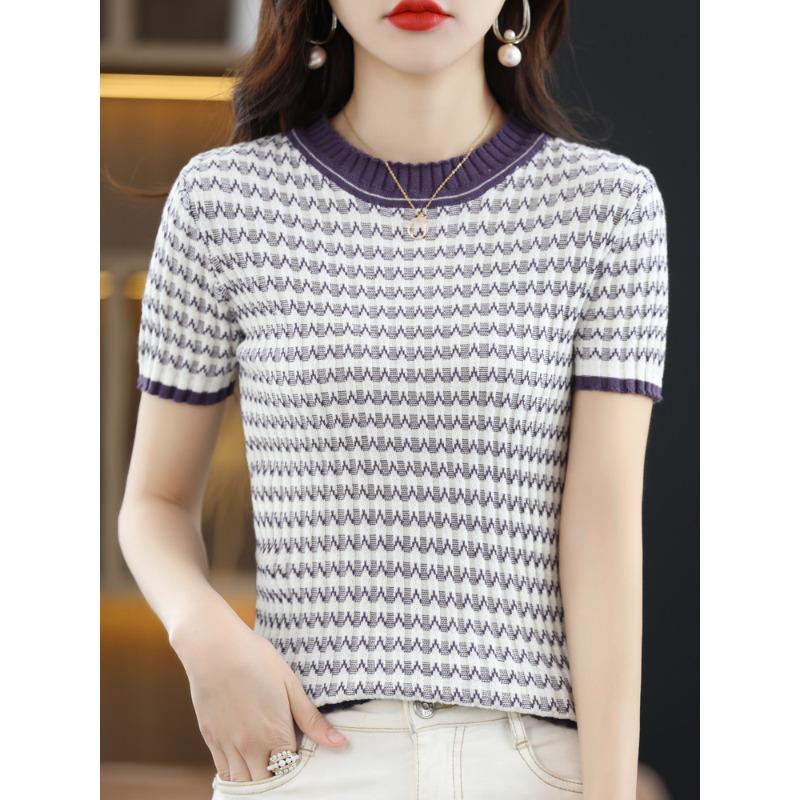 

Полосатая трикотажная футболка с коротким рукавом женская весенне-летняя новинка круглый вырез сочетание цветов облегающий хлопковый топ XXL лавандовый