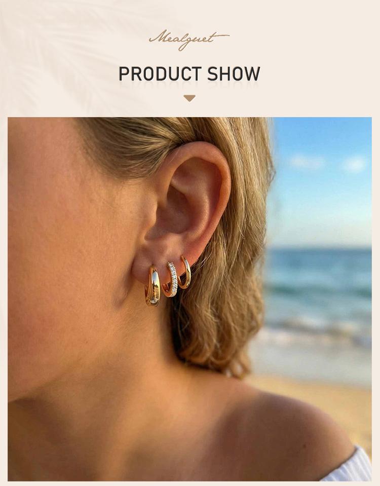 3 Pcs Gold Plated Hoop Set Earrings Zirconia Huggies Chunky Oval Stackable Women Hypoallergenic Helix Multiple Piercings