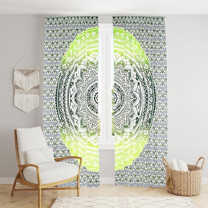 BLESS INTERNATIONAL Beautiful Indian Bohemian Psychedelic Hippie Ombre Window Curtain Panels for Bedroom, Living, Balcony (Green Yellow Ombre)