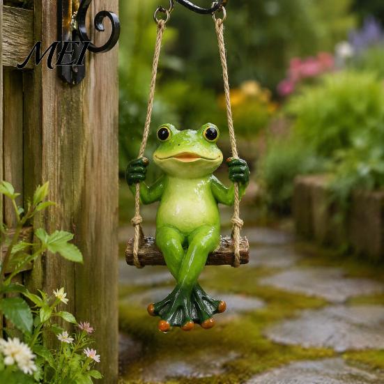 Pastoral Style Outdoor Decor Garden Swing Frog Statue, Resin Hanging Ornament, Whimsical Hand Painted Crafts Cute Figurine for Front Porch Yard