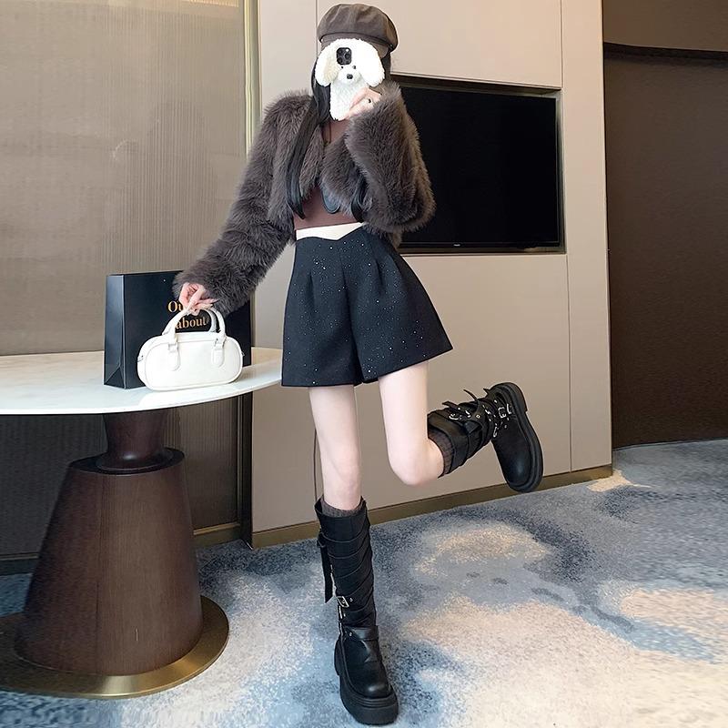 2024 Wool High-Waisted Wide-Leg Shorts for Women - Autumn/Winter Sequin Casual Pants with Boots
