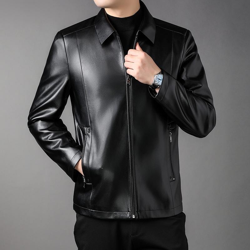 Men's Leather Jacket Men's Autumn New Style Oil Leather Middle-aged Fashion Business Lapel PU Leather Handsome Men's Jacket Trend