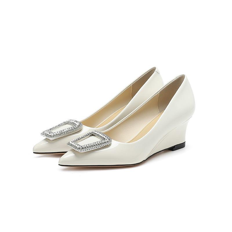 -5 Wedge heel high heels women's pointed rhinestone middle heel square buckle shoes shallow mouth thick sole patent leather single shoes women
