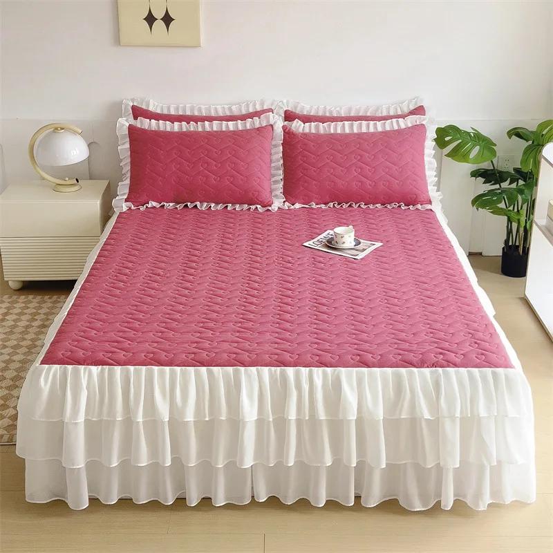 Volan de pat din dantelă cu model în formă de inimă, de înaltă calitate, matlasat, cu tiv inferior din șifon, cuvertură de pat, moale, confortabil, cearșafuri de pat antiderapante, lenjerie de pat