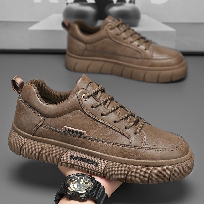 Men's Trendy Black Leather Waterproof Non-slip Sneakers - Breathable and Versatile for Spring Casual Sports