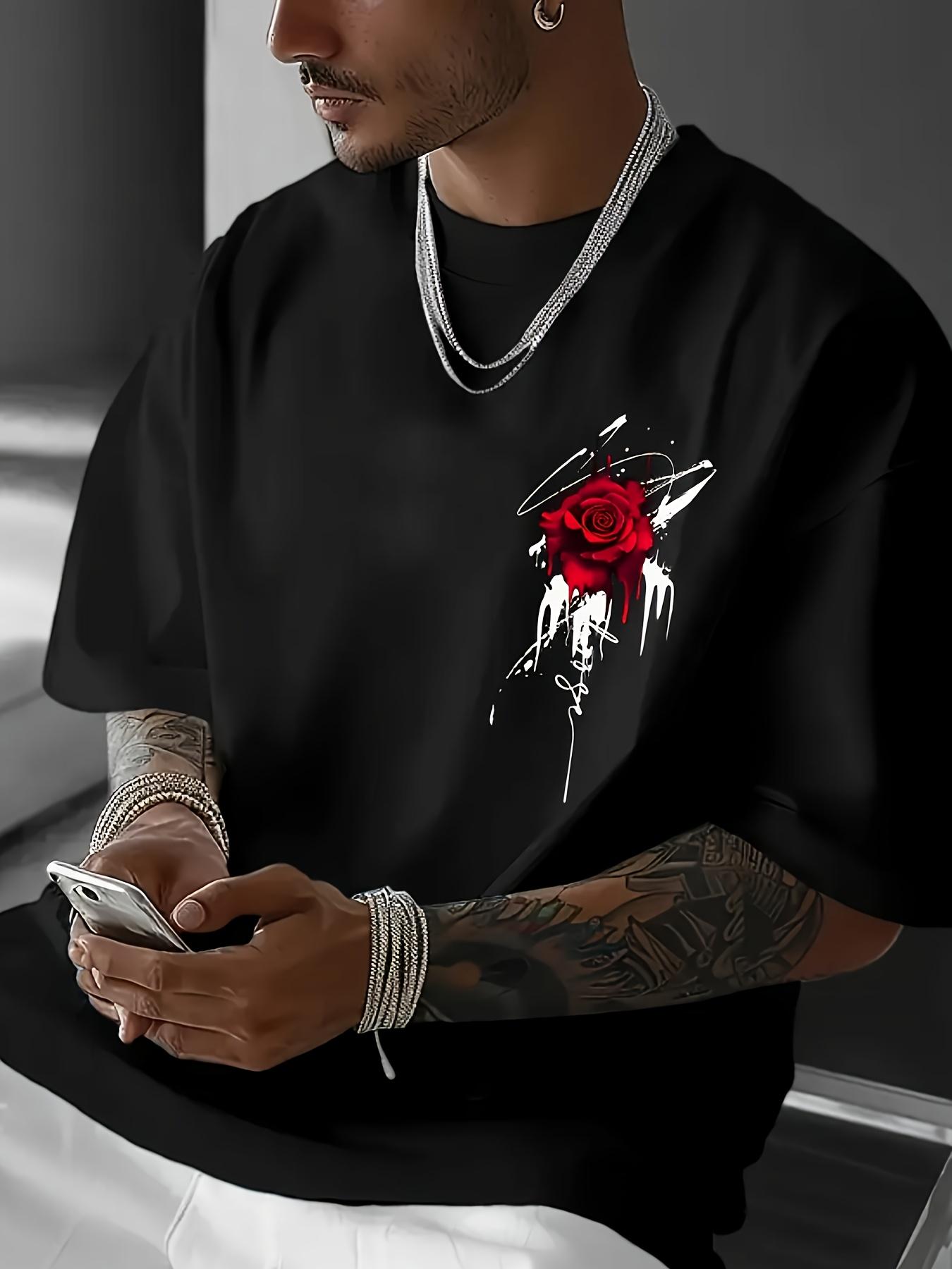 Mens casual shortsleeved Tshirt with striking red rose pattern  bright blue regular version breathable summer Tshirt S