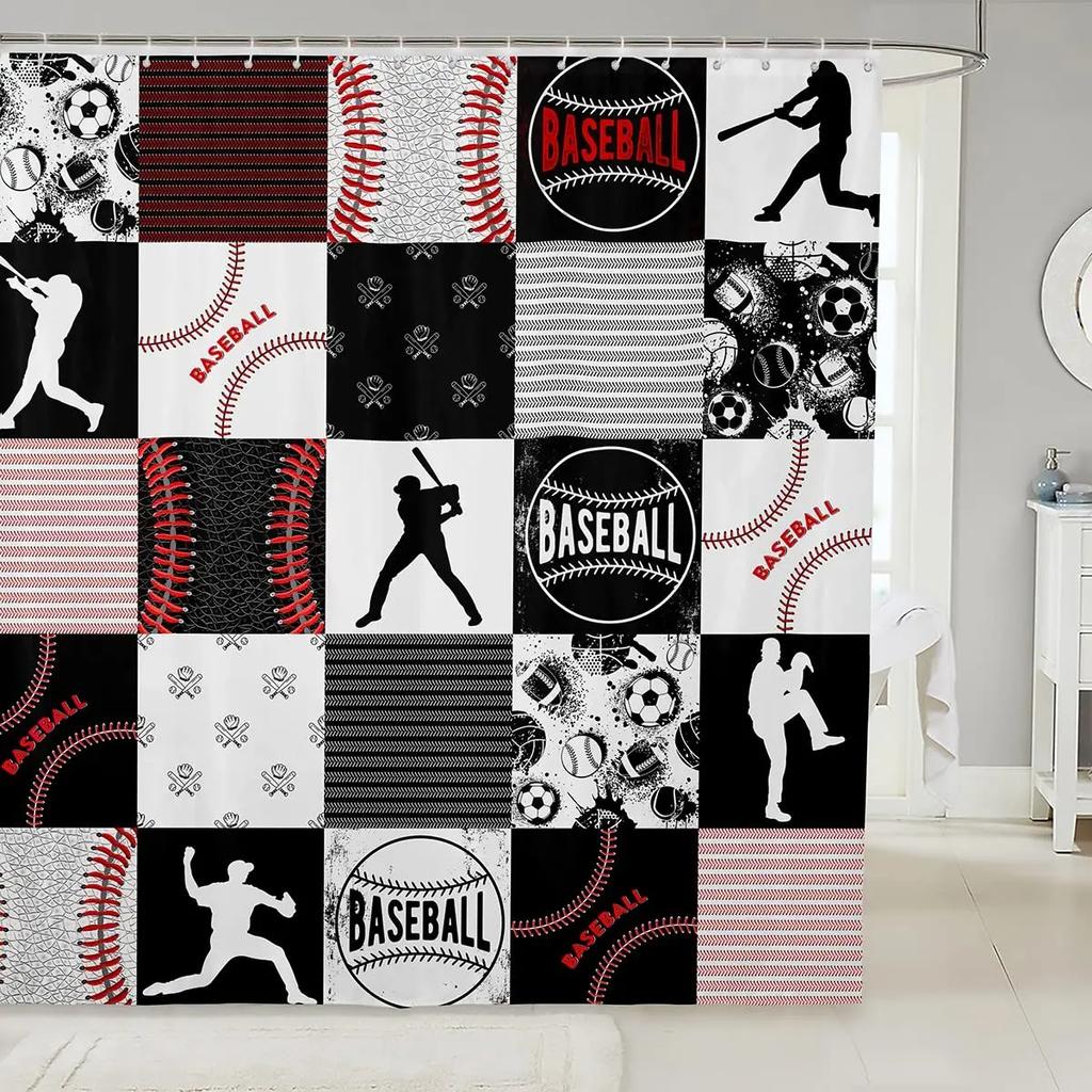 Baseball Shower Curtain Baseball Glove Sports Theme Polyester Fabric Bathtub Screen Home Decor Bathroom Curtains Set with Hooks