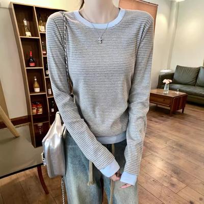 Yuvarlak Yaka Çizgili Uzun Kollu Tişört Kadın İlkbahar Yeni Sahte İki Parça Tasarım Slim Fit İç Şık Üst