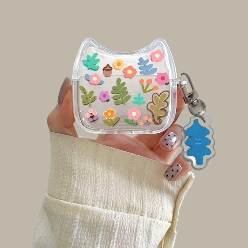 

Case 2/3 Generation Cat Head Shell 4 Silicone Pro Cartoon Summer Women s Second Generation Cover All-Inclusive Drop-Resistant New Arrival Small Soft Apple Airpods Pro Floral grass + leaf pendant