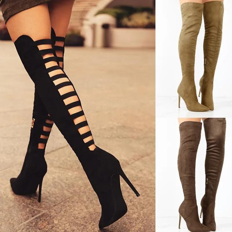 Fashion Sexy Black Women's Long Boots Women Autumn Heels Shoes Over The Knee Thigh High Heel Boots Female Woman Summer Stretch Boot 10cm