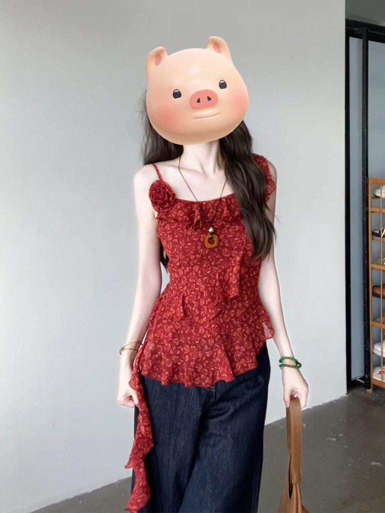 Women's French Retro Ruffle Red Camisole - Summer 2025 Irregular Pretty Top