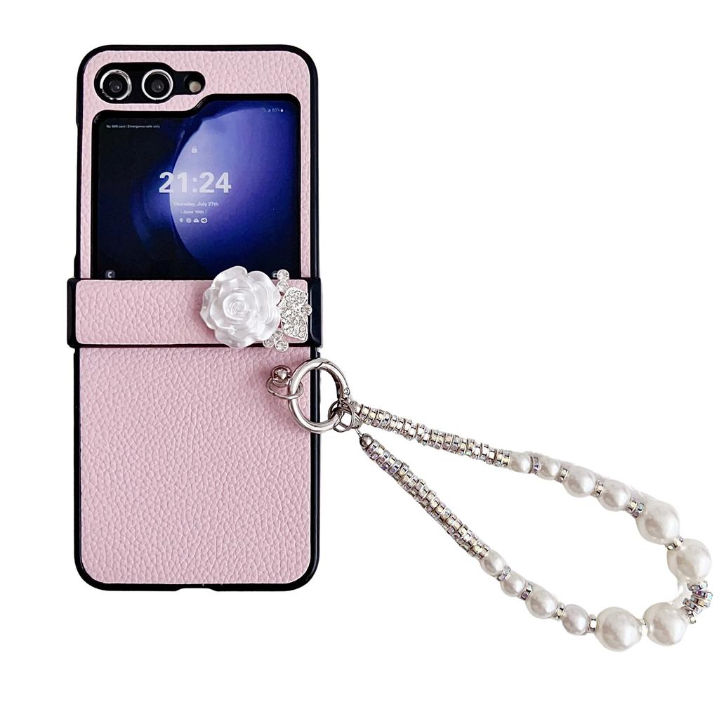 Applicable To Samsung ZFlip5 Mobile Phone Case, Lychee Pattern Zflip4 Bracelet, Camellia Back Cover Case, Protective Case Zflip3.