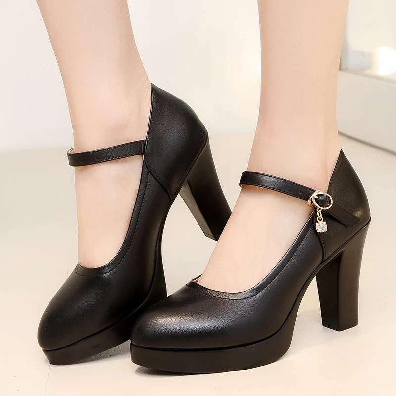 Black work shoes women's comfortable medium heel professional shoes soft sole non-slip women's leather shoes thick heel round head single shoes