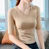 Solid Color Mid-sleeved T-shirt for Women New Women's Clothing Temperament V-neck Thread Base Shirt Pleated Waist Raft Top