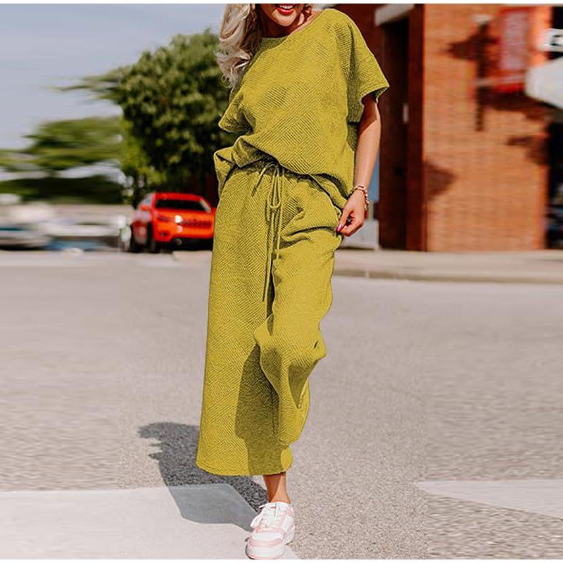 Sets for Women Summer Lounge Sets O-Neck Tops Wide Leg Crop Pants Vacation Travel Outfits