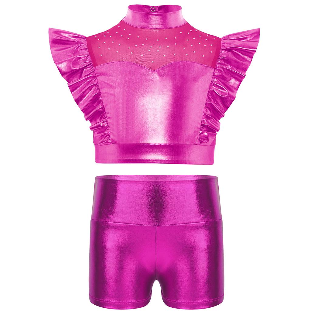Dětský třpytivý taneční outfit s kamínky, s vysokým límcem, bez rukávů, kovový volánkový top a odpovídající lesklé šortky pro jazzovou soutěž