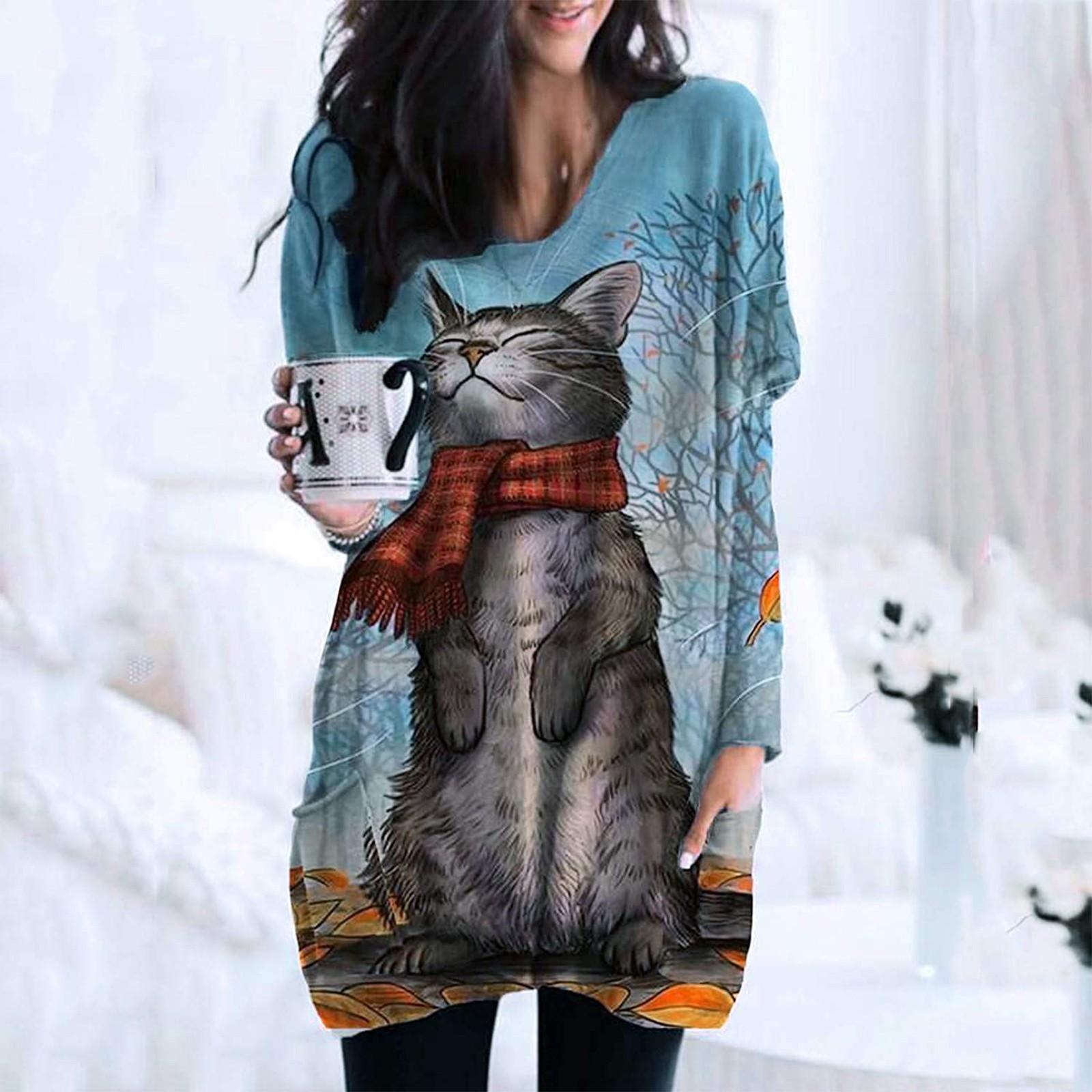 

Fashion Womens Loose Cat Print Long Sleeve Casual Round Neck Pocket Top