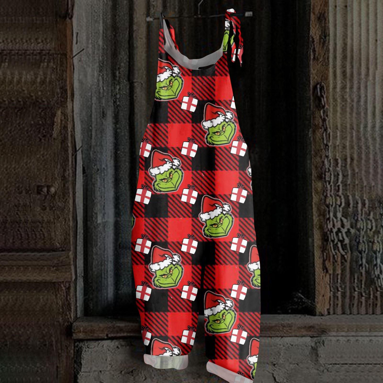 

Women s Casual Loose Jumpsuit Christmas Print Wide Leg Jumpsuit Sleeveless With Pockets M винний
