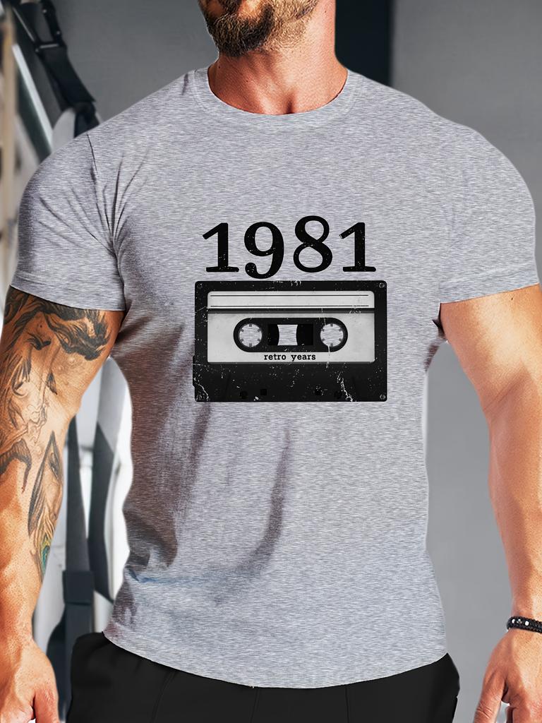 Unisex Summer Light Blue T Shirt Vintage 1981 Cassette Tape Graphic Tee Retro Music Streetwear Crew Neck Loose Daily Fashion Tops