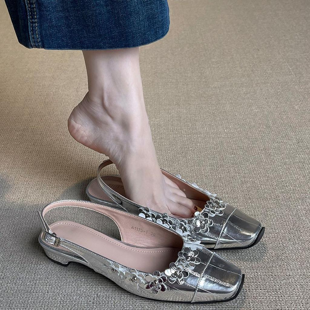 French temperament silver bag head sandals women's summer wear new versatile one-word belt with empty skirt flat-soled single shoes