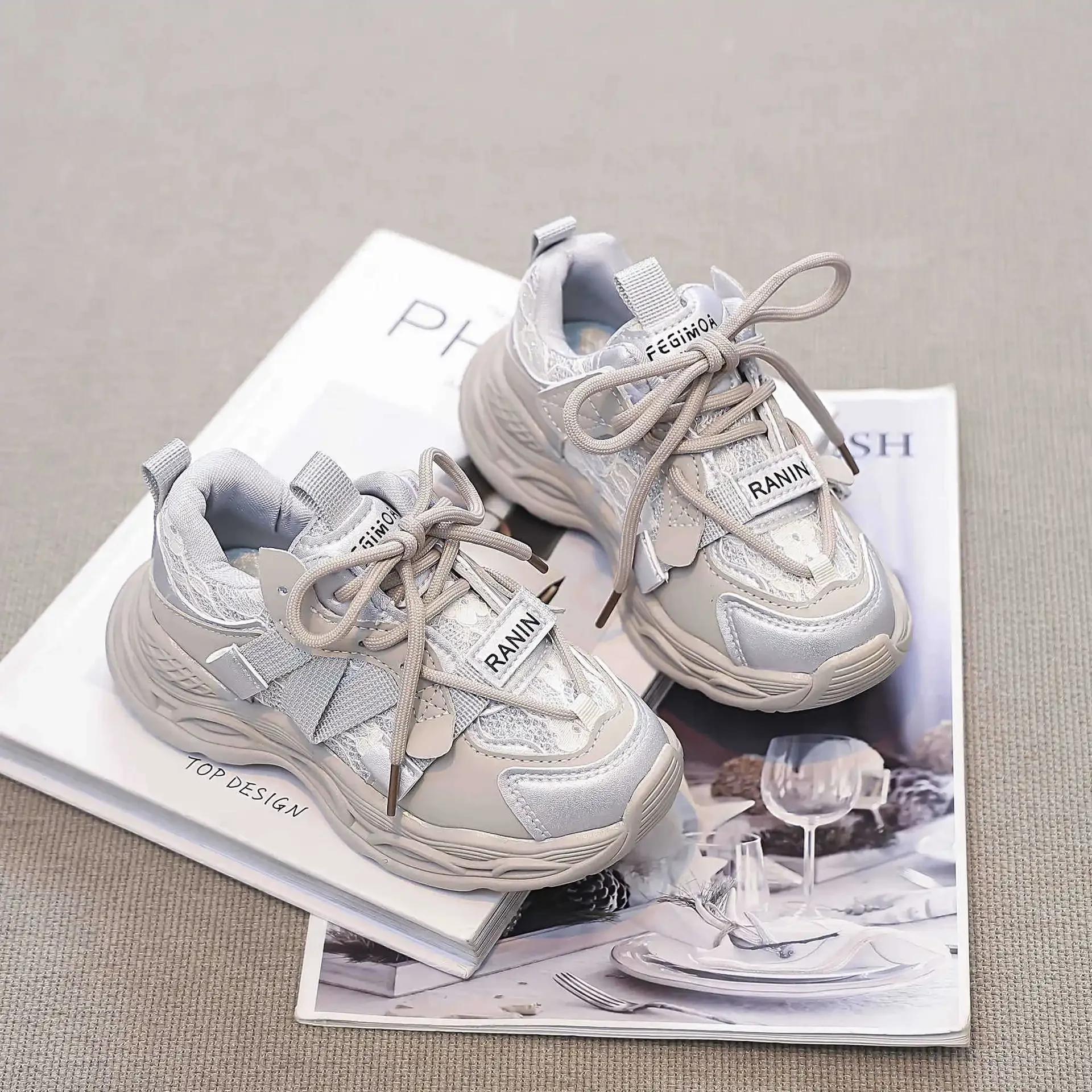 

Girls Sneakers Thick Soft Sole Kids Running Shoes with Sweet Flowers 2025 New Fashion Students Sports Shoe Hook&loop Trendy Cute 22 серый