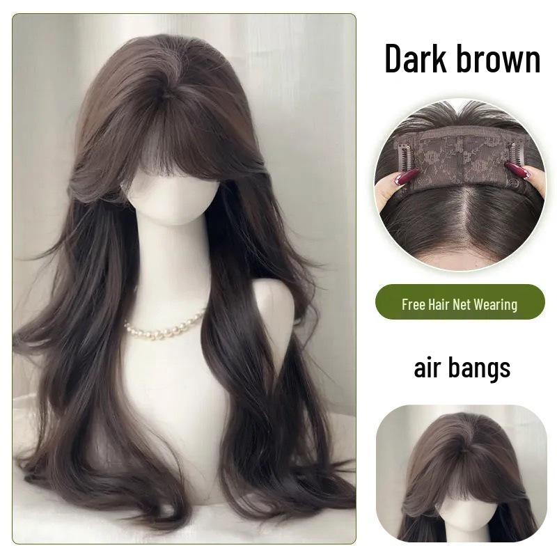 Full-Cover Women's Wig with Middle Part, Curtain Bangs, Long Curly Hair, Perfect for Natural Face Shape—No Hairnet Needed