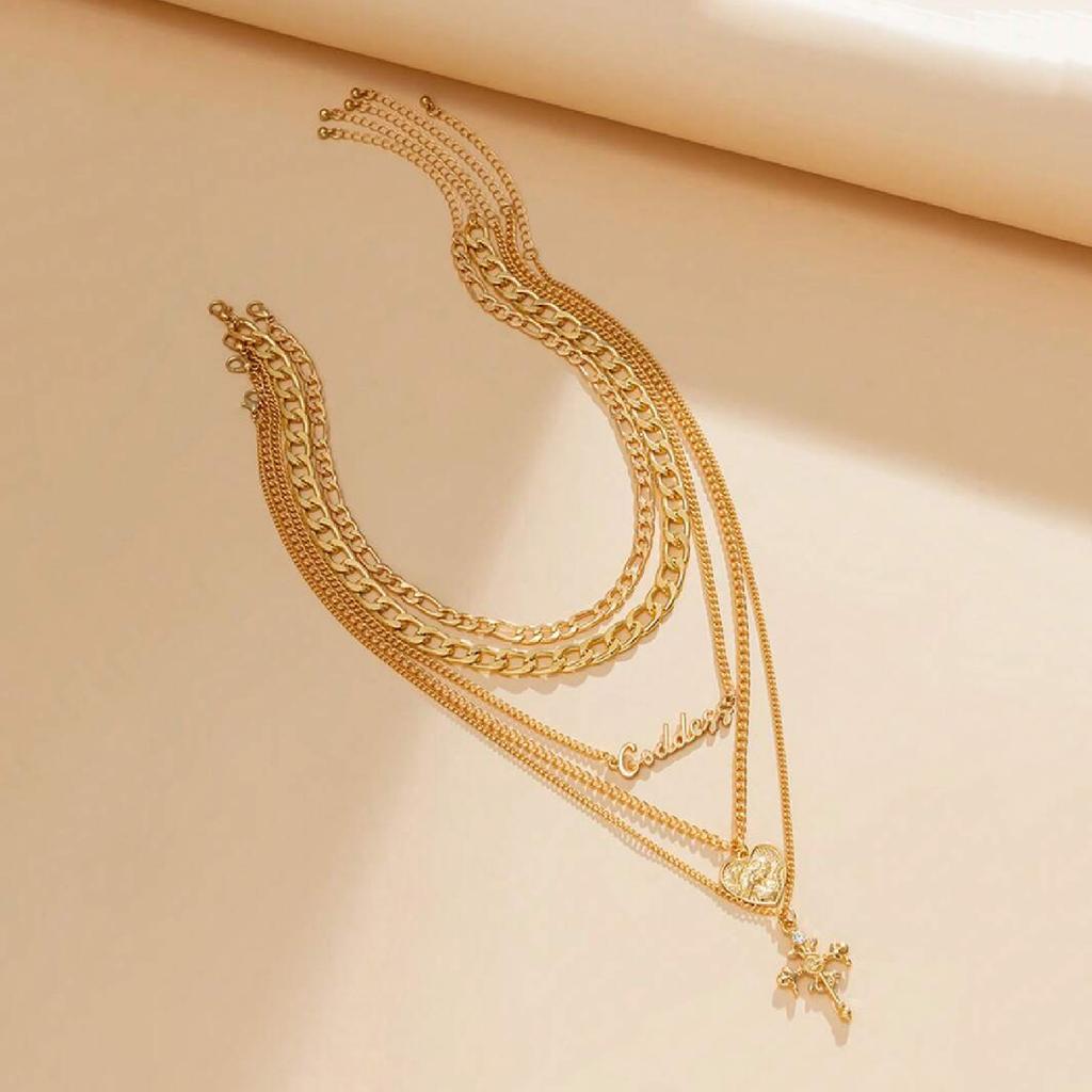 Vintage multi-layer heart-shaped relief portrait cross necklace