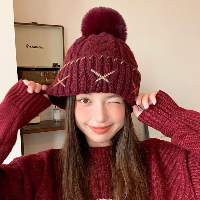 Knitted hat women's velvet thickened warm cold hat versatile ear protectors loose big head circumference hairball wool hat