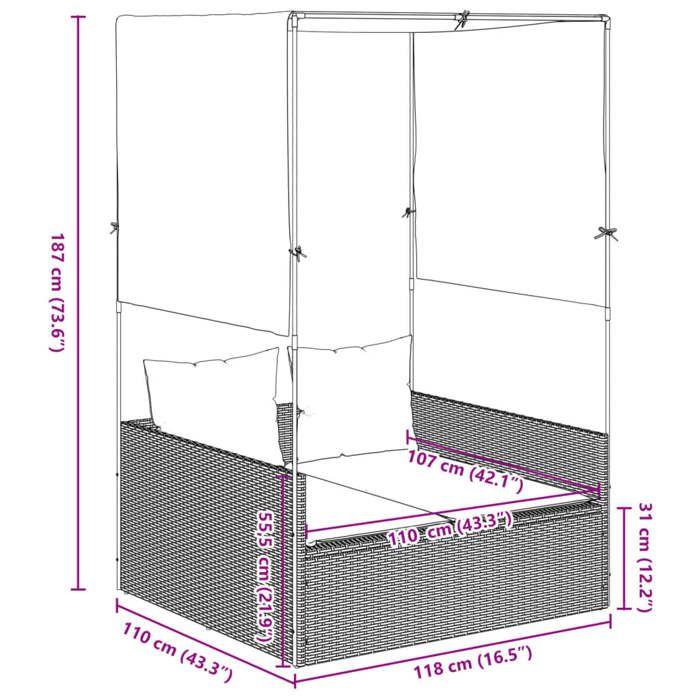 VidaXL Double Sun Lounger with Roof and Curtains Grey Braided Resin, Sunbed, Outdoor Daybed, Daybed of 4002757