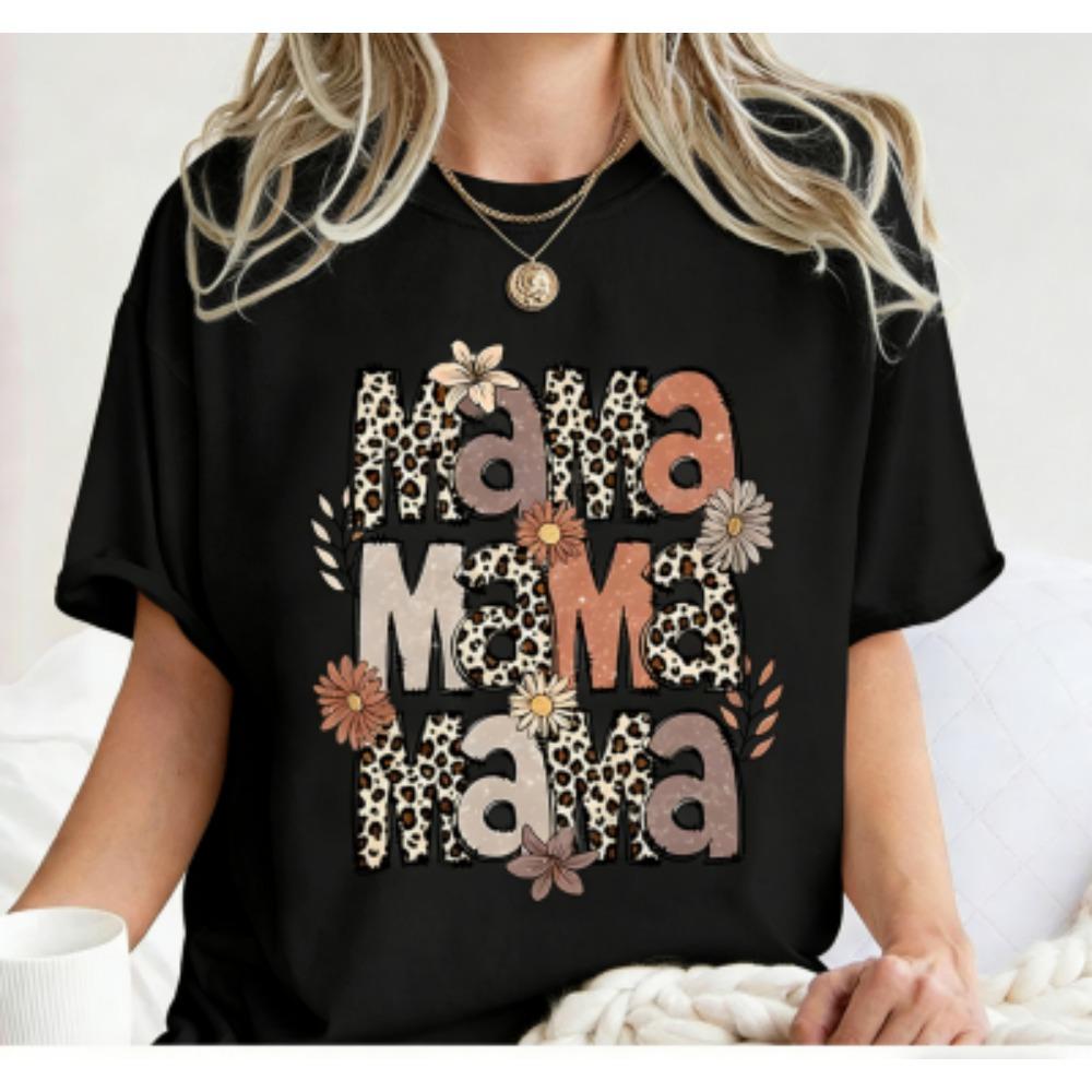 Funny Leopard Letter Mama Flower Print Kids Short Sleeves T-Shirt Loose Casual Summer Outdoor Street Boy and Girl Tees Tops