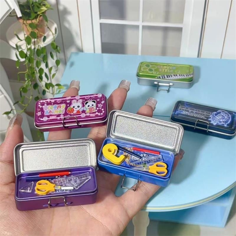 Dollhouse Miniature Double Layer Iron Pencil Box Pen Ruler Measuring Tape Scissors Model Micro Landscape Decor Pretend Play Toy