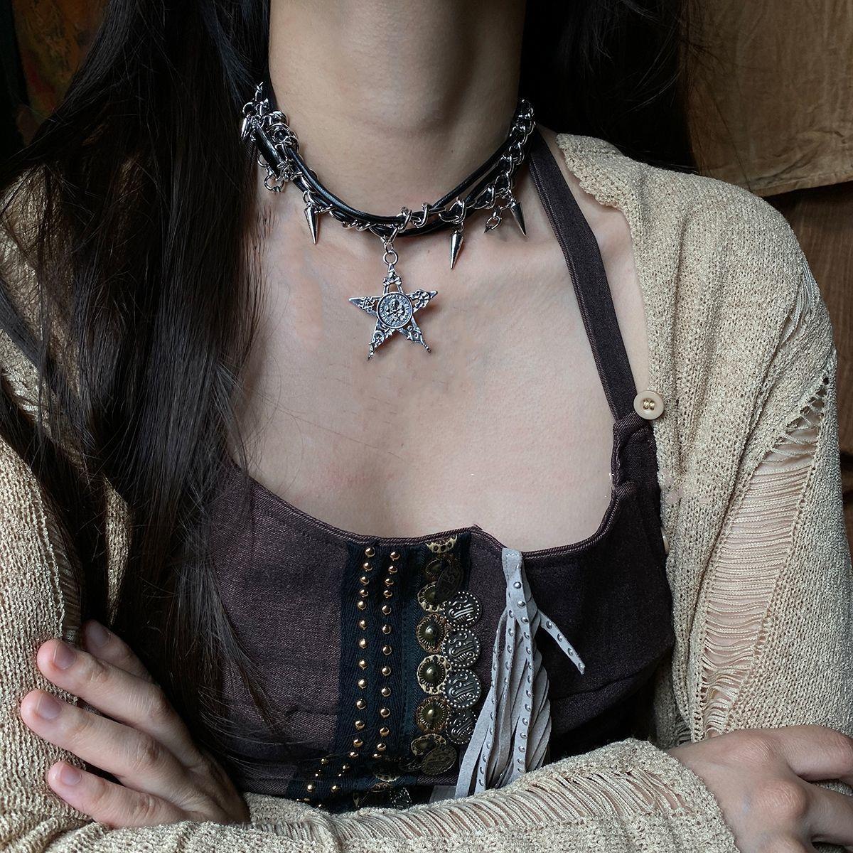 

Андрогинное панк-ожерелье со звездным крестом, цепочка на ключицу в виде пятиконечной звезды Hot Girl y2k Necklace
