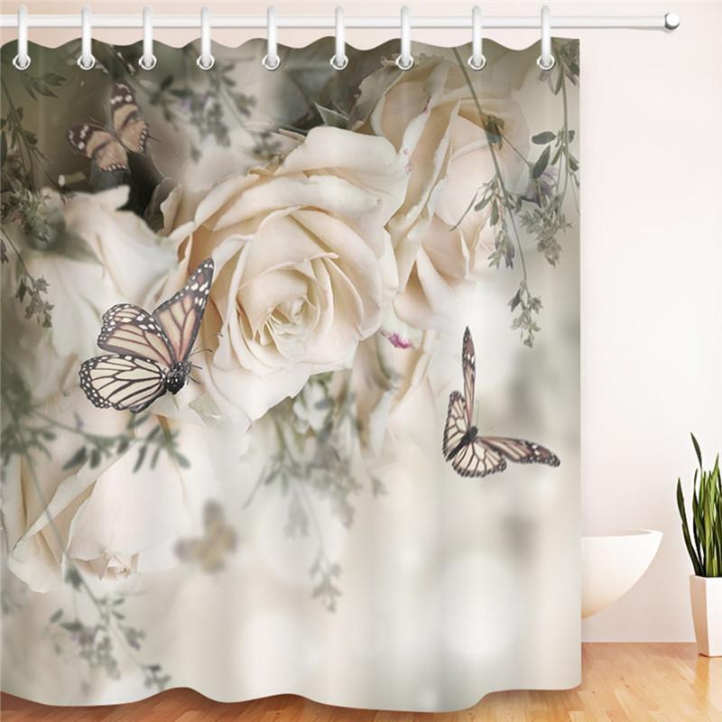 Cortina de ducha de flores blancas y mariposas rosas, estampado Floral, tela de cortina de baño de poliéster impermeable para decoración de bañera