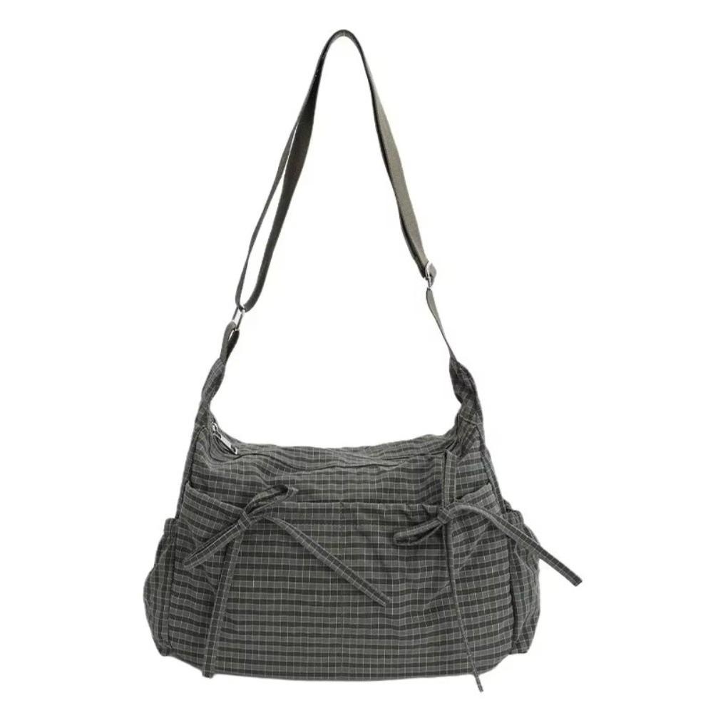 Multiple Pockets Nylon Shoulder Bag Grid Hobo Bag Sweet Bow Crossbody Bag  Outdoor