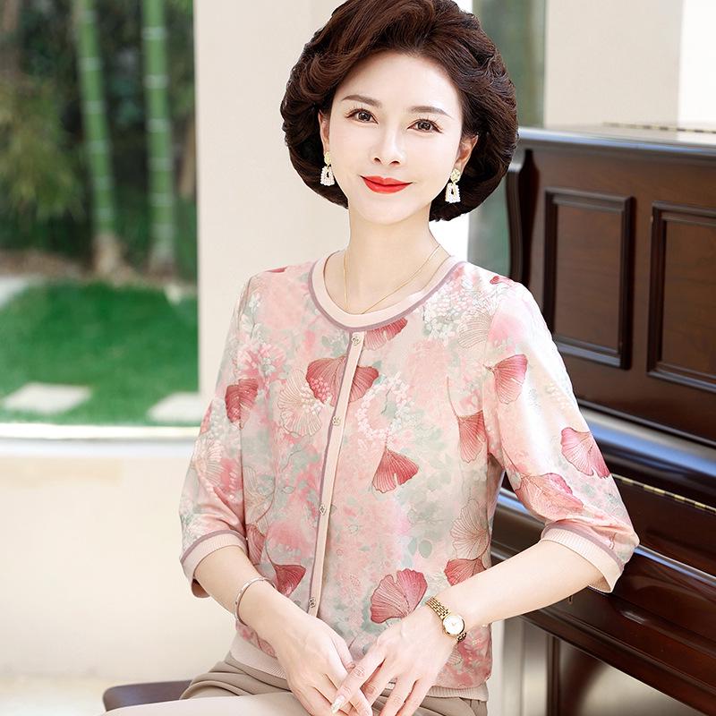 

Plus Size Floral T-Shirt: Women s Loose Pullover with Seven Sleeves for Middle-Aged and Elderly 5XL (for 75-82.5 kg) червоний