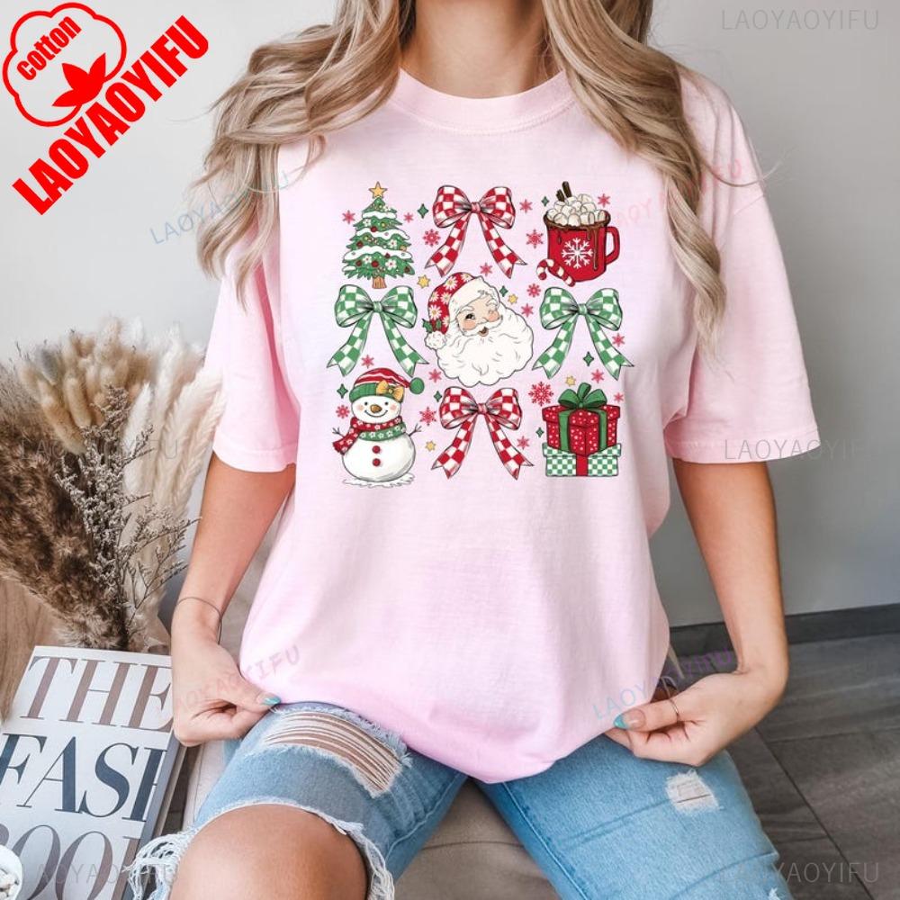 Christmas Party TShirt Cute Christmas EleUnisext Shirt Bow SnowUnisex Santa Claus Printed TShirt Xmas Gift Women Casual Cotton Tops