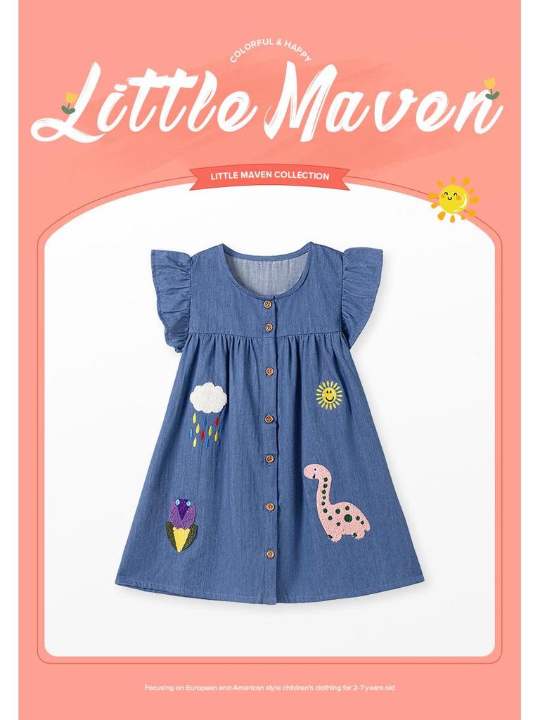 Little Maven Girls' Cartoon Appliqué Denim Dress - Short Sleeve Summer Style