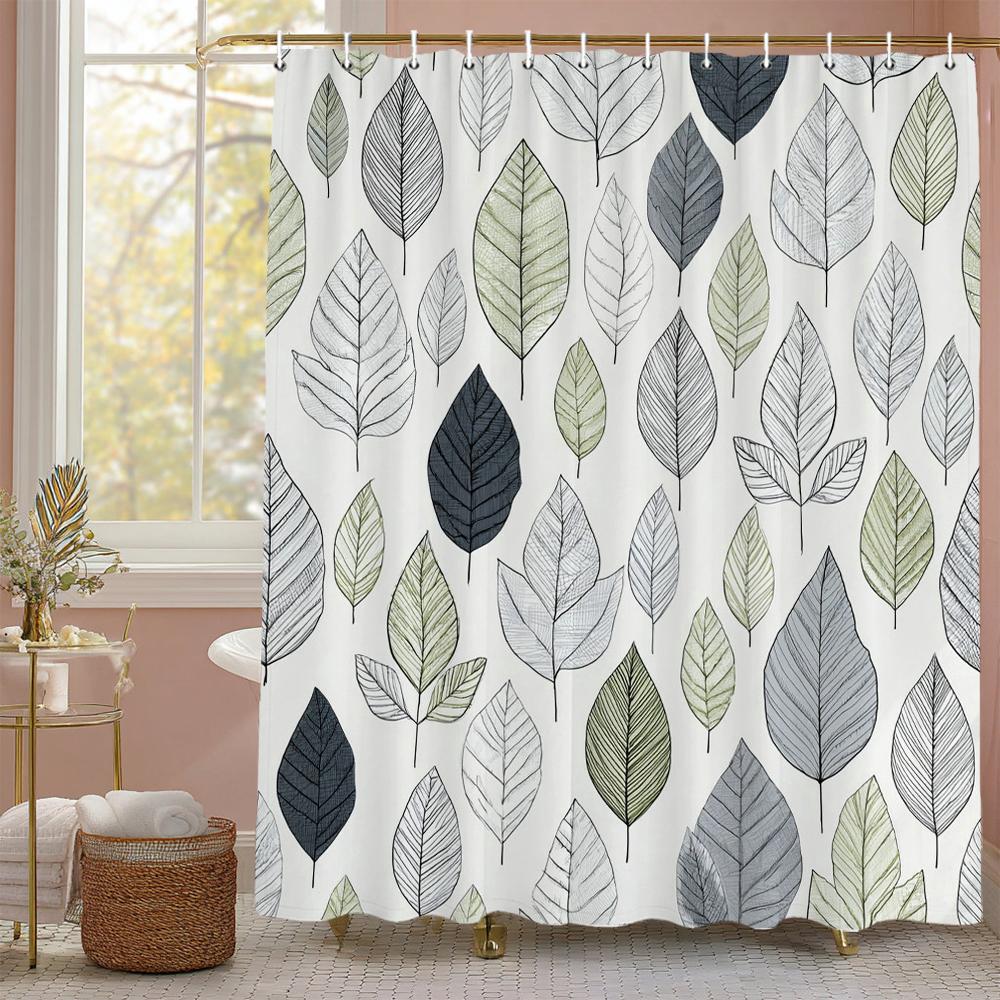 Elegant Blue Botanical Leaf Shower Curtain, Floral Plant Bathroom Decorative Shower Curtain, Waterproof Shower Curtain with Hook