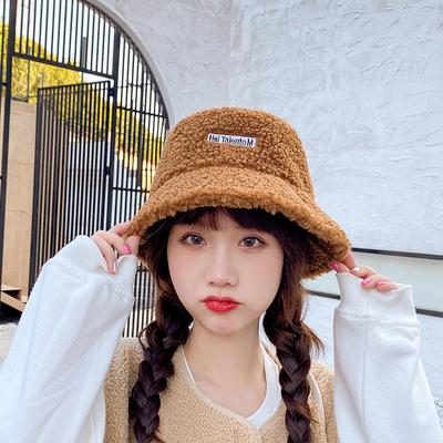 Herbst Winter Fischerhut Bestickter Buchstabe Kleines Etikett Topfhut Modisch Warm Flache Oberseite Plüsch Eimerhut