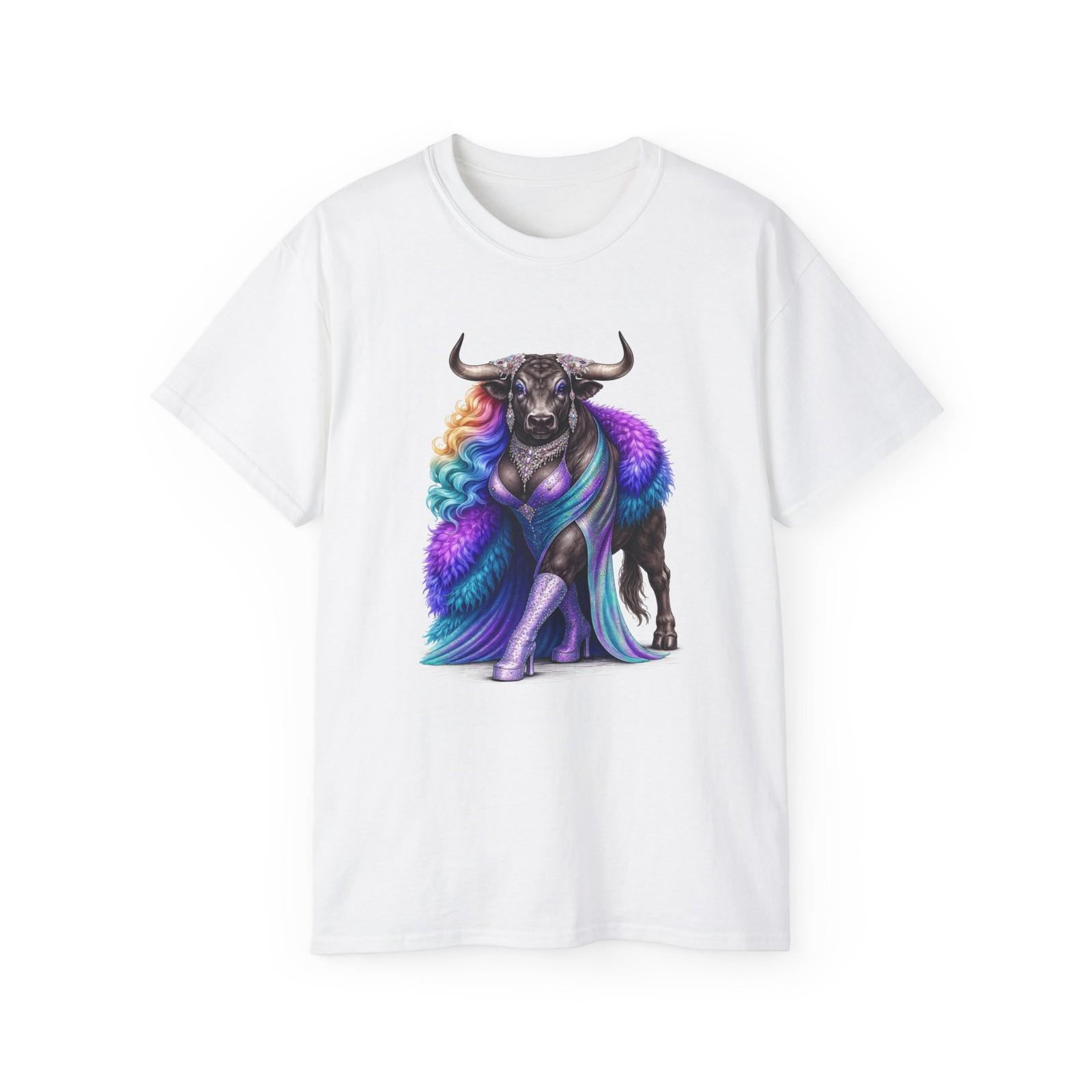 Rainbow Fur Bull Illustration Tee | Colorful Fantasy Animal Shirt S