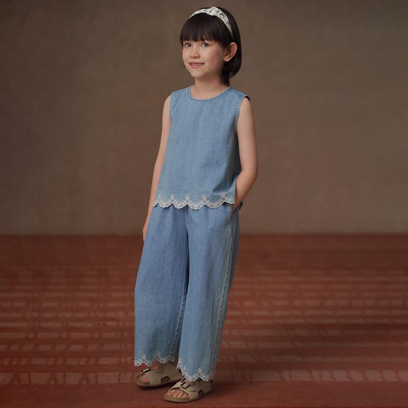 Hacikis Girls  Summer Embroidered Vest, Wide-Leg Denim Pants & Set 170