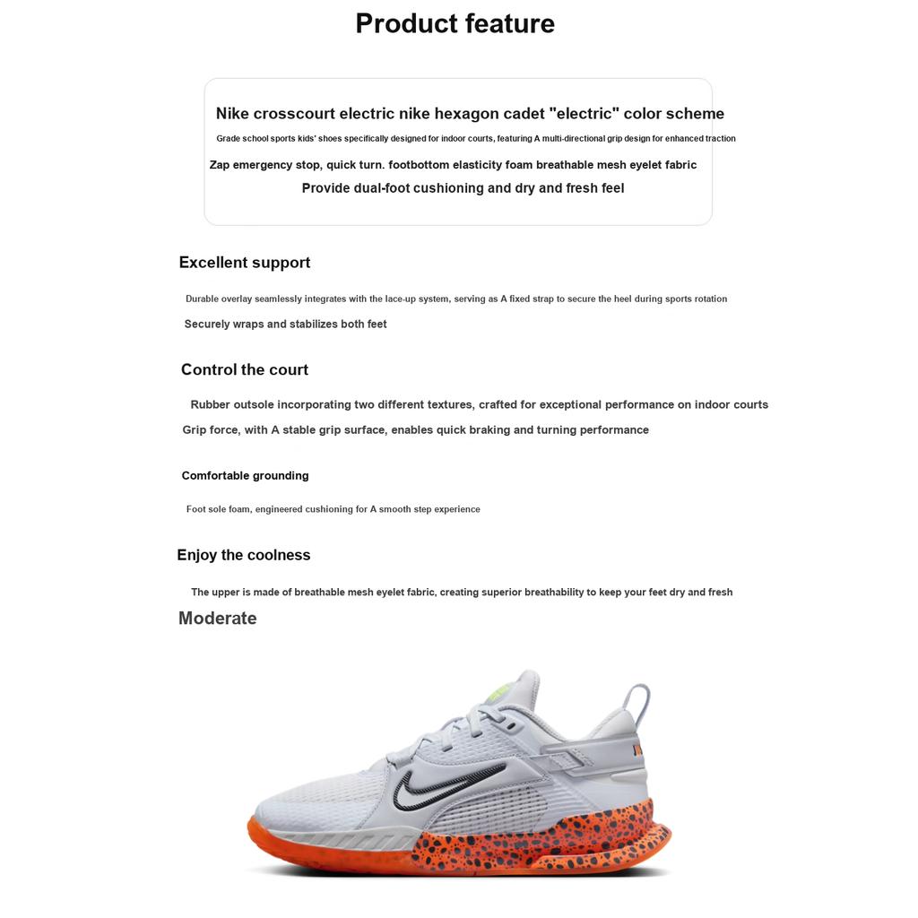 Nike Crosscourt Series Electric Fashion Durable Breathable Non-Slip Low-Top Kids Basketball Shoes Kids Sneaker Gray Orange FV3474-001