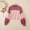 ZANZEA Women Casual Stand Collar Patchwork Loose Long Sleeve Tee Tops