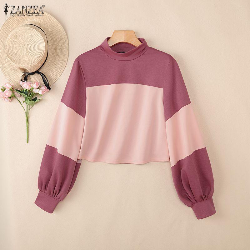 ZANZEA Women Casual Stand Collar Patchwork Loose Long Sleeve Tee Tops
