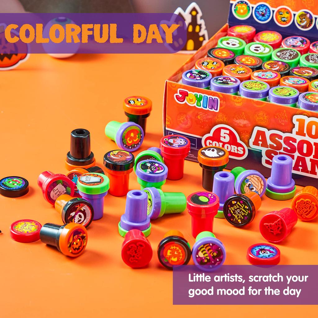 JOYIN 100pcs Halloween Stampers for Kids 25 Designs Assorted Plastic Stamps for Halloween Party Goodie Bag Teacher Student Classroom Game Prizes