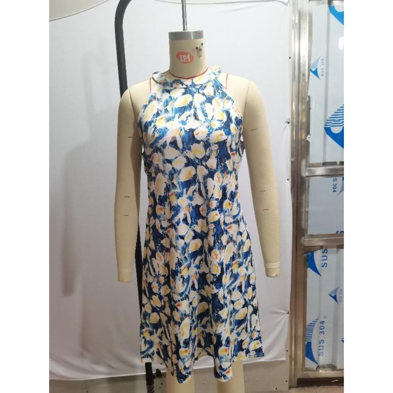 GMXIA Women's Fashion Casual Printed Hanging Neck Hollow Out Dresses